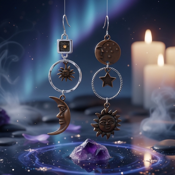 🆕️Boho Chic Sun Moon Star Asymmetrical Dangle Earrings | Celestial Vibes - Picture 9 of 9
